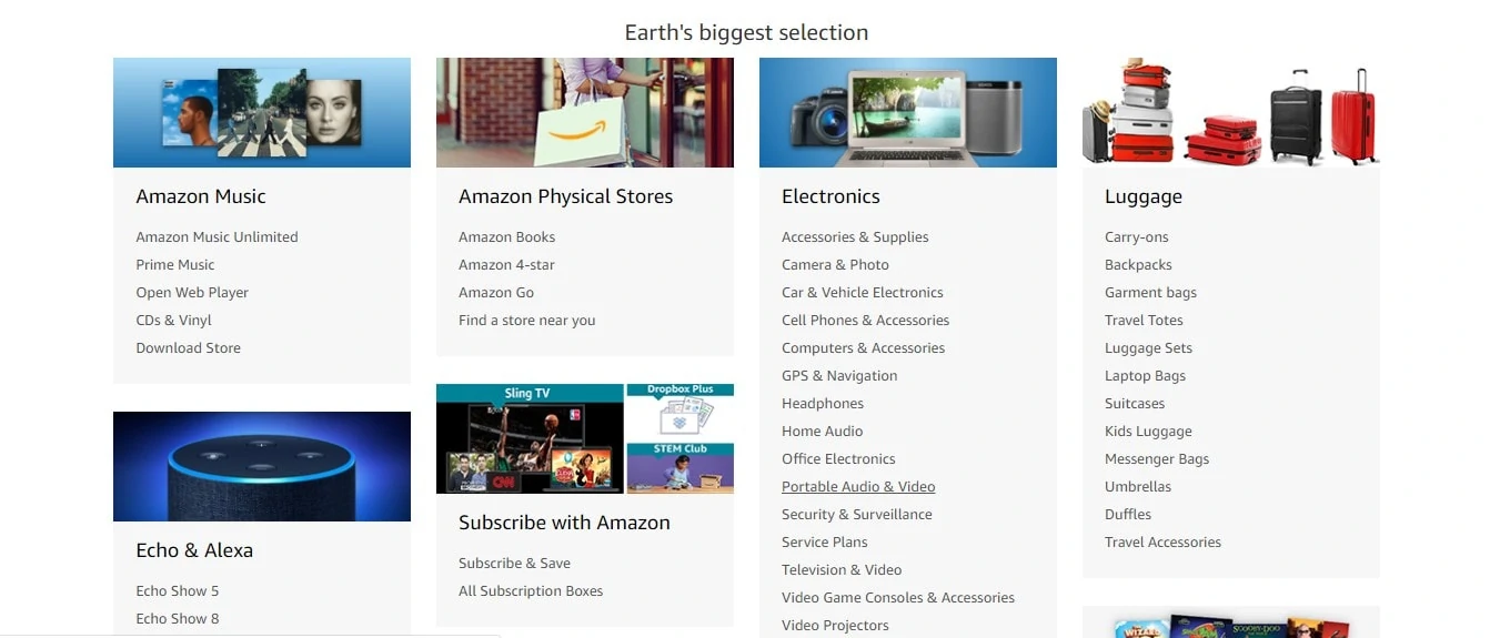 screenshot of amazons categories