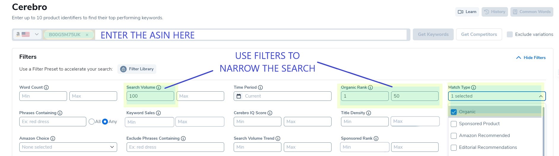 search optimization on amazon example using filters