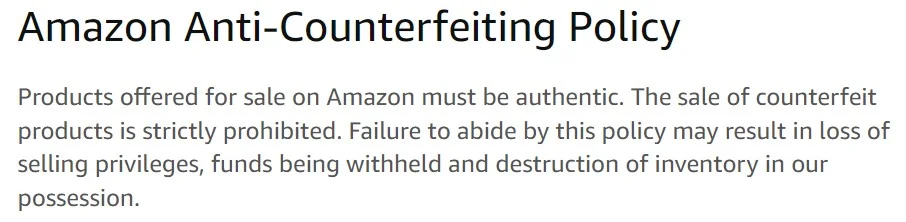 Amazon Anti-Counterfeiting POlicy